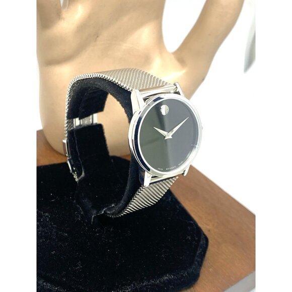 Movado Women\'s Watch 0607220 Black Dial Swiss Quartz 28mm Silver Mesh Band